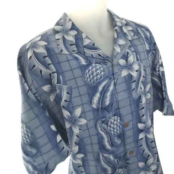 Tommy Bahama Mens L Hawaiian 100% Silk Shirt S/S Blue Floral Button Up Lg Shirts